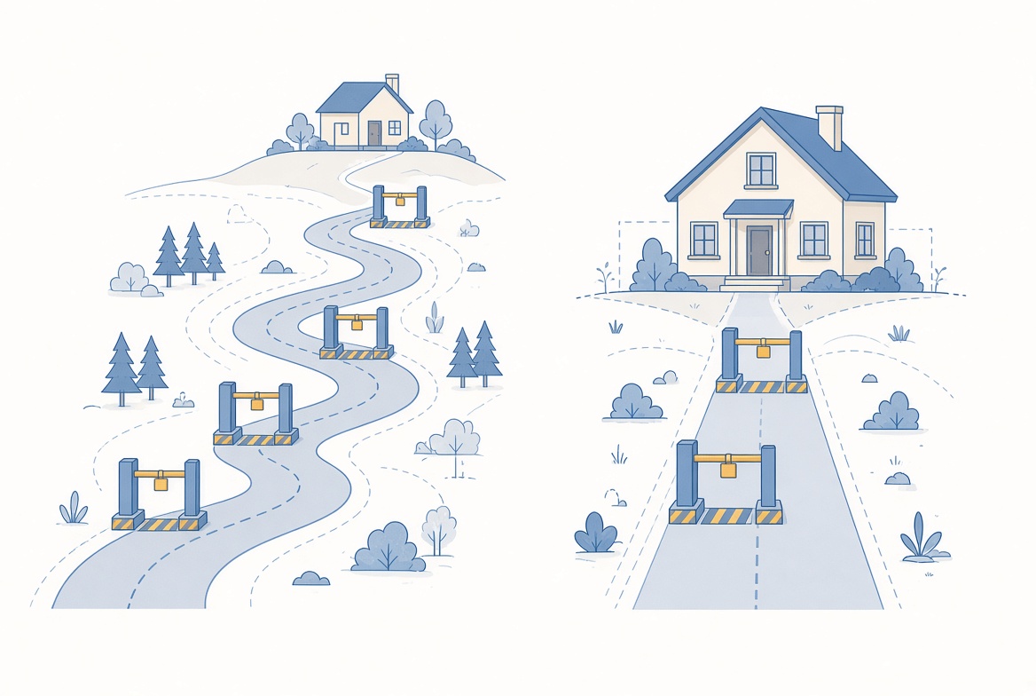 Two paths to the same house — one long and winding through several gates, one short and direct through fewer gates