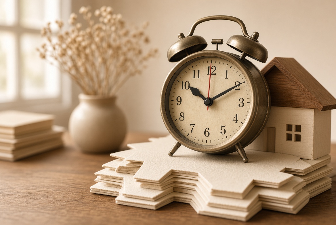 A clock ticking down on top of a stack of house-shaped documents