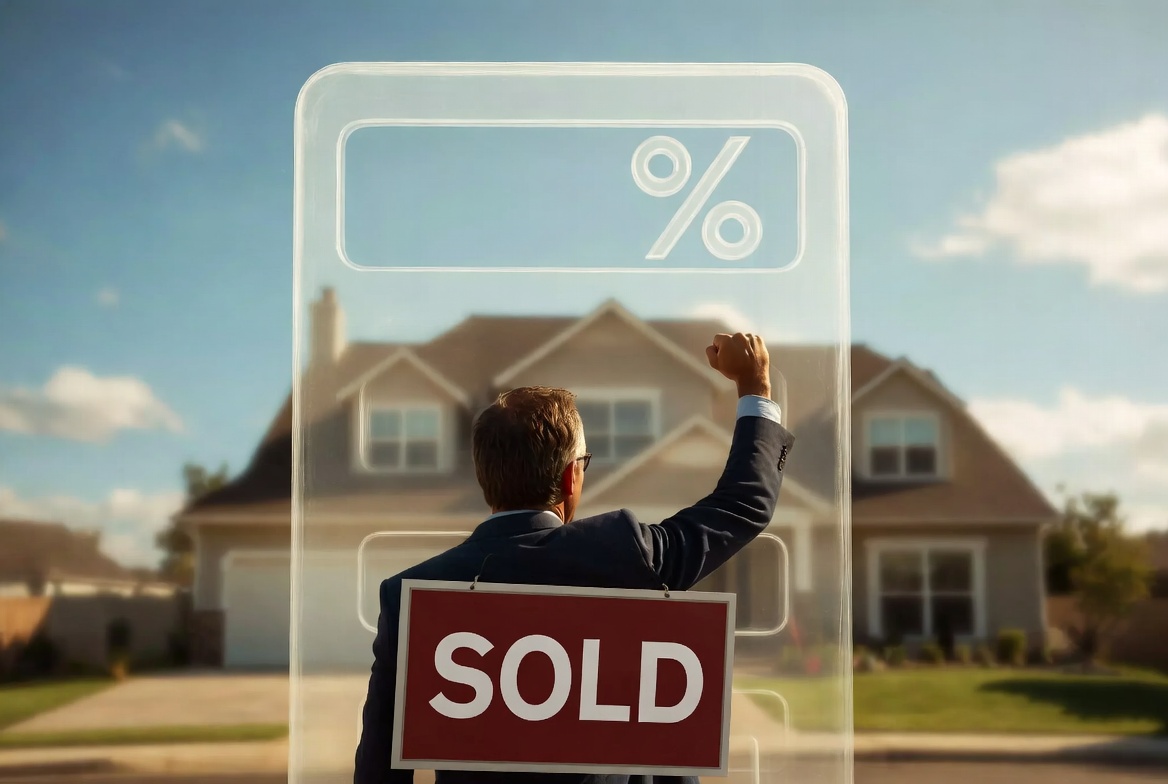 Buyer celebrating a sold sign with a translucent calculator looming behind them