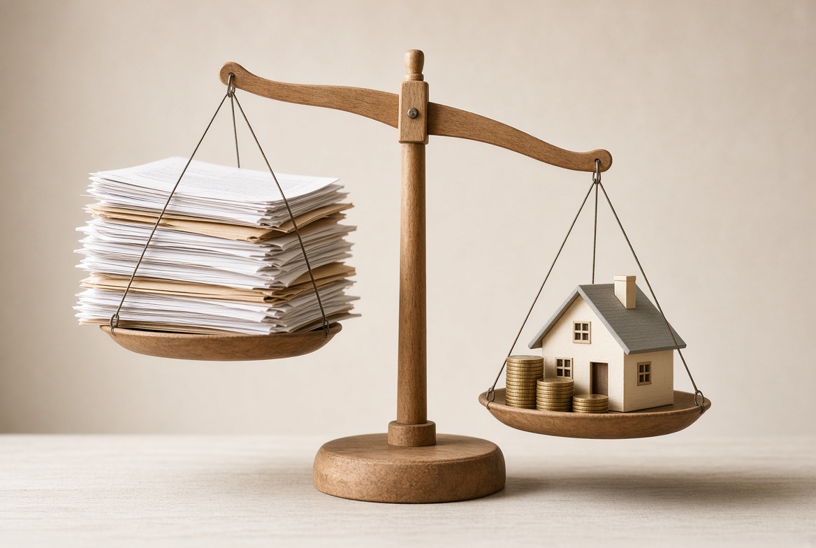 A wooden scale balancing a stack of paperwork against a small house and stack of coins