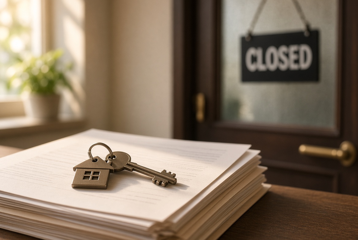 A house key resting on a stack of documents, with a closed bank office door blurred in the background