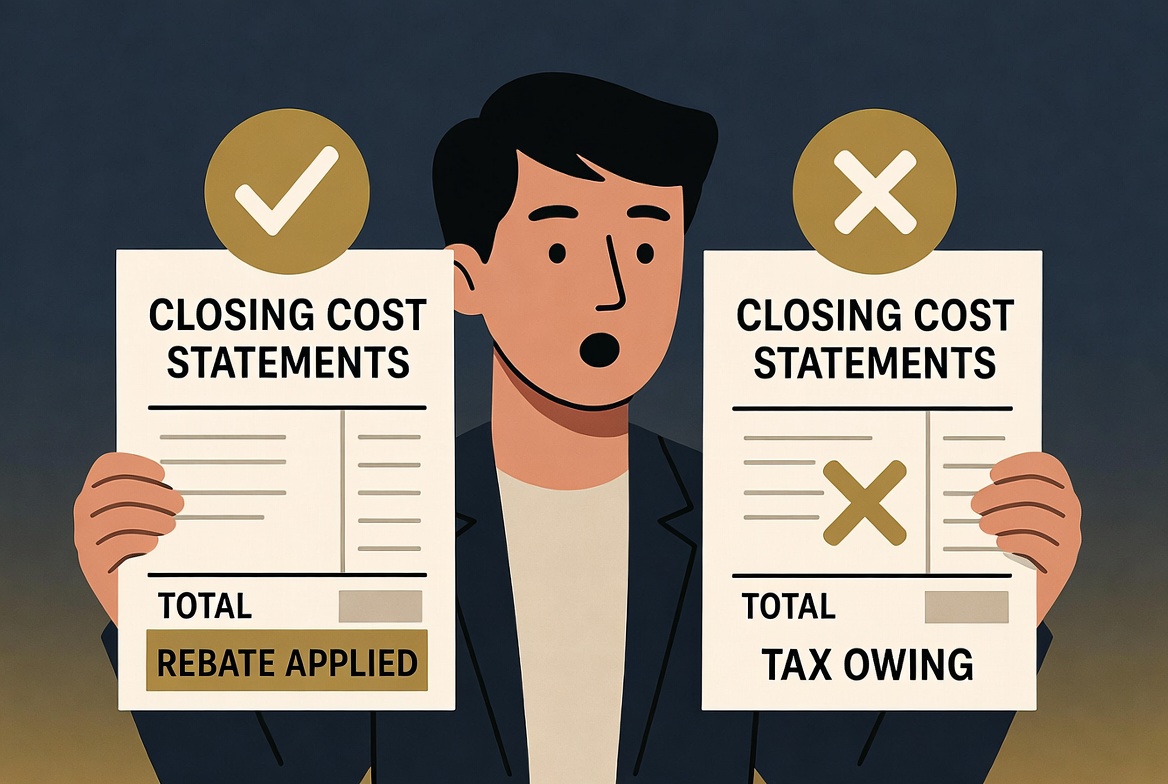A first-time buyer looking surprised while comparing two closing cost statements, one from Ontario with a rebate applied and one from Nova Scotia with no rebate