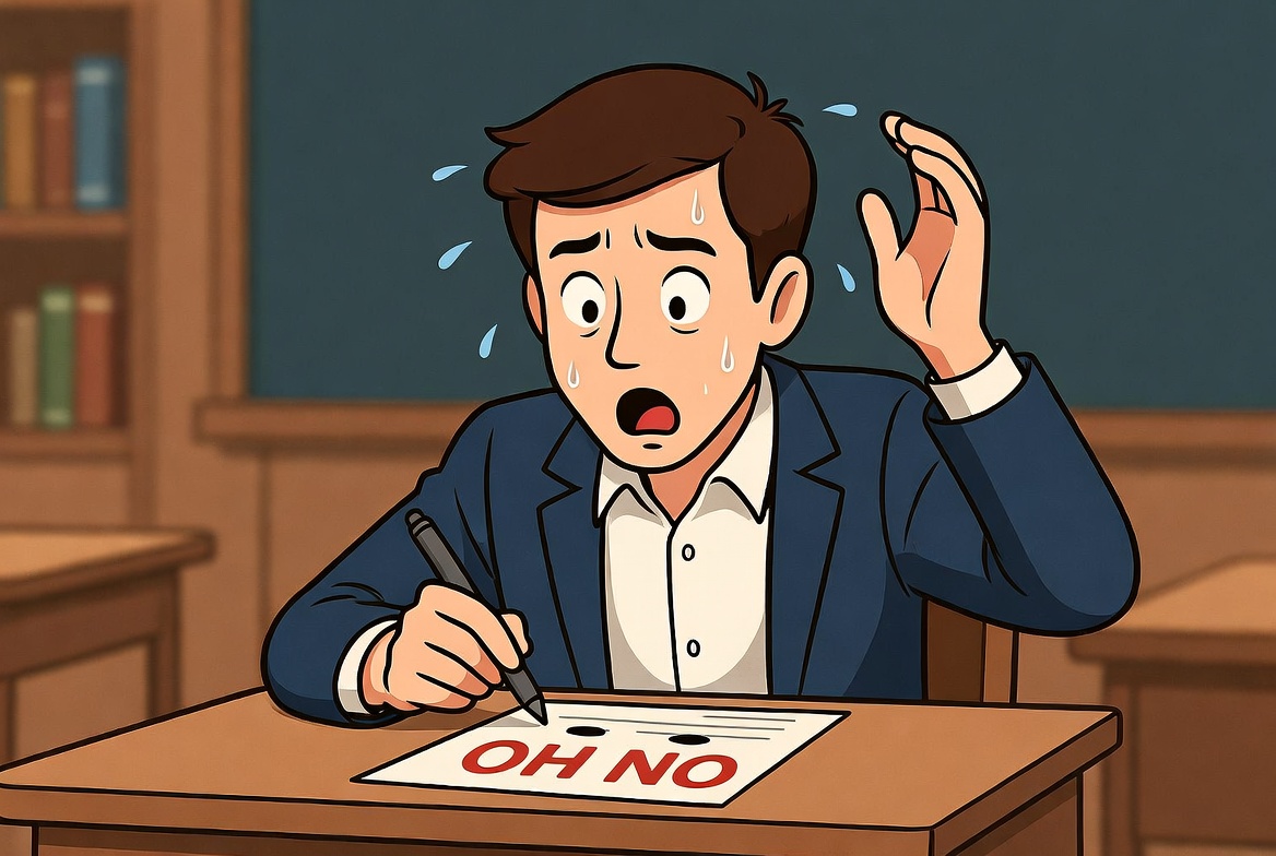 A student sweating over a pop quiz, symbolizing how the mortgage stress test catches buyers off guard by testing something they didn't expect
